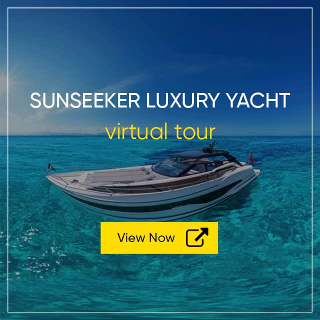 Aerial view of the Sunseeker Superhawk 55 yacht for the luxury yacht virtual tour with an overlay of text saying 'sunseeker luxury yacht virtual tour', 'view now'. You can click the image to open the virtual tour.